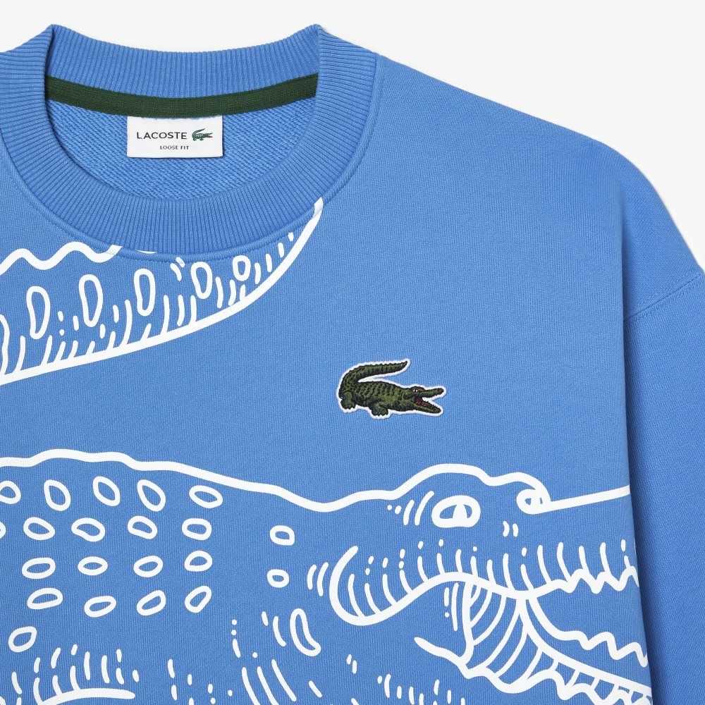 Lacoste Crew Neck Loose Fit Croc Print Sweatshirt Blue | XYLR-14038