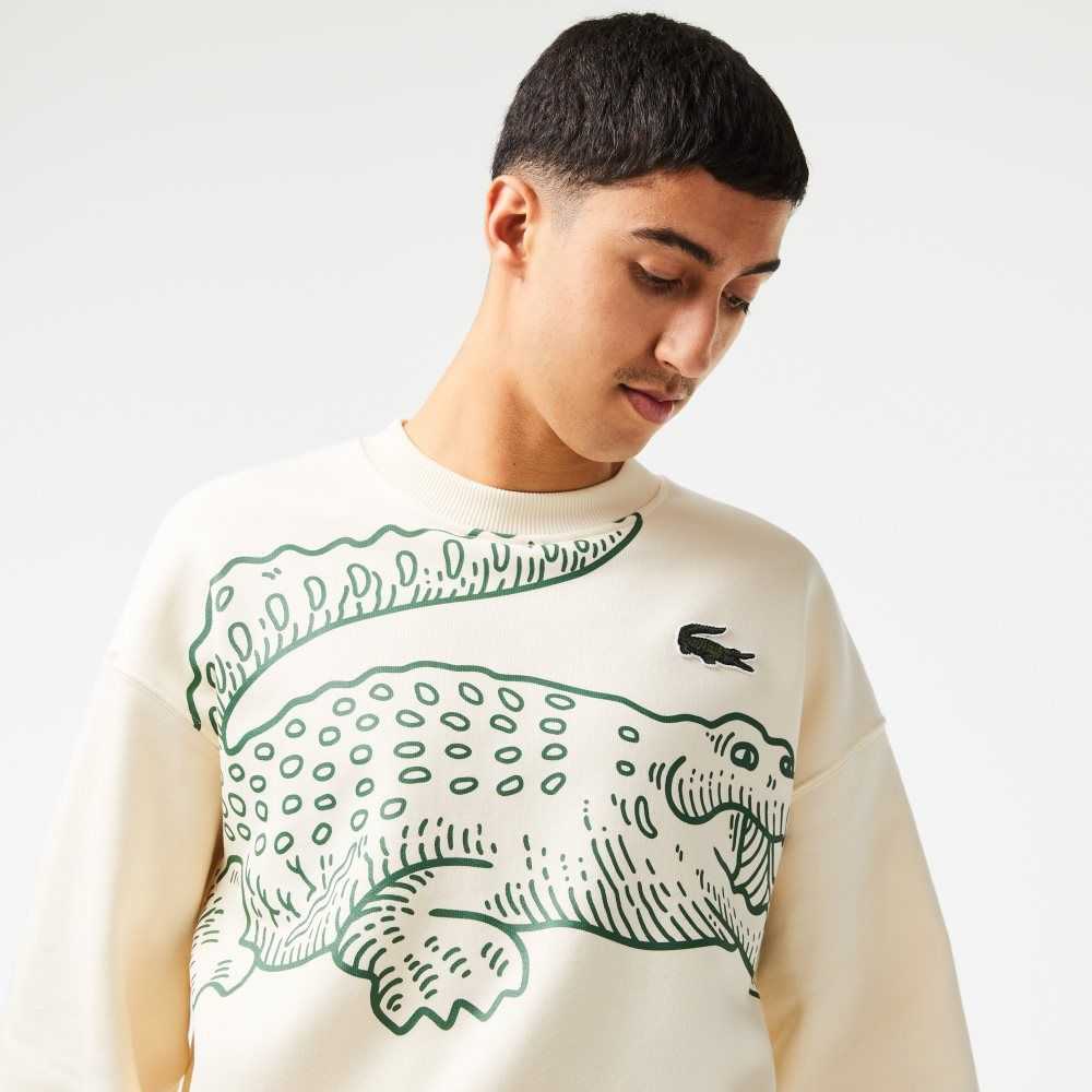 Lacoste Crew Neck Loose Fit Croc Print Sweatshirt White | ZGWM-09814