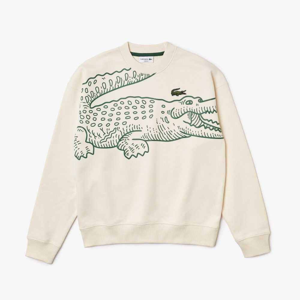 Lacoste Crew Neck Loose Fit Croc Print Sweatshirt White | ZGWM-09814