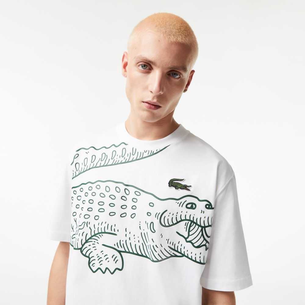 Lacoste Crew Neck Loose Fit Crocodile Print T-Shirt White | WAUP-84725