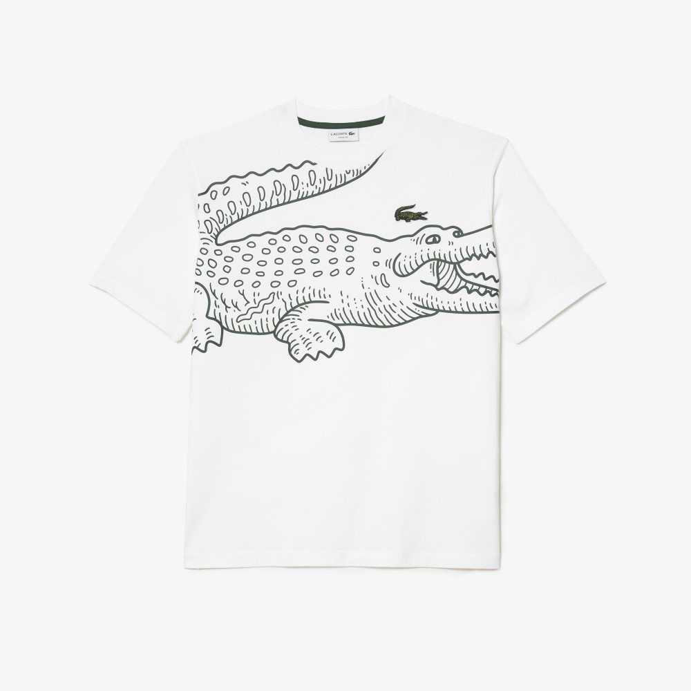 Lacoste Crew Neck Loose Fit Crocodile Print T-Shirt White | WAUP-84725