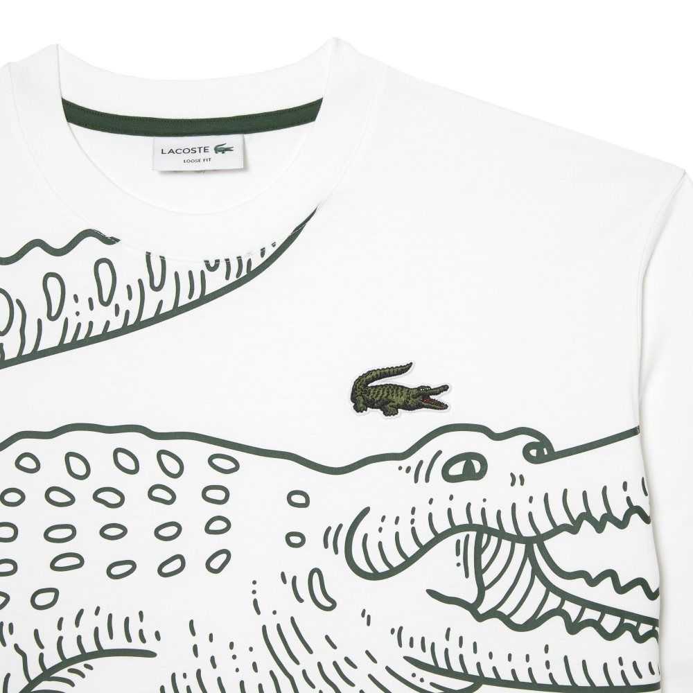 Lacoste Crew Neck Loose Fit Crocodile Print T-Shirt White | WAUP-84725