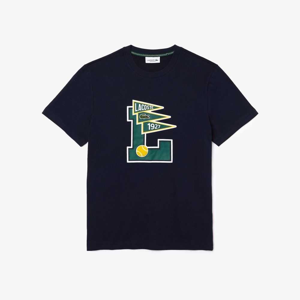 Lacoste Crew Neck Pennants L Badge Cotton T-Shirt Navy Blue | JZAP-79281