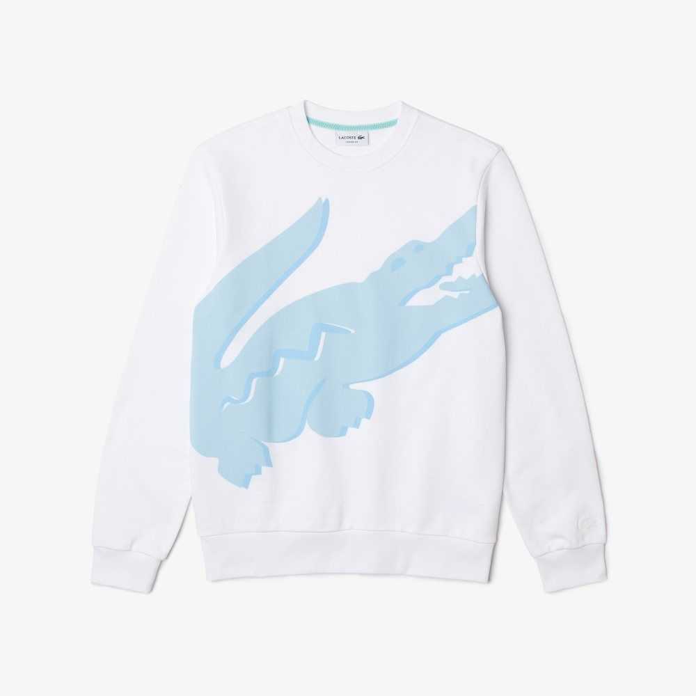 Lacoste Crew Neck Print Organic Cotton Fleece Sweatshirt White | DLXO-28541
