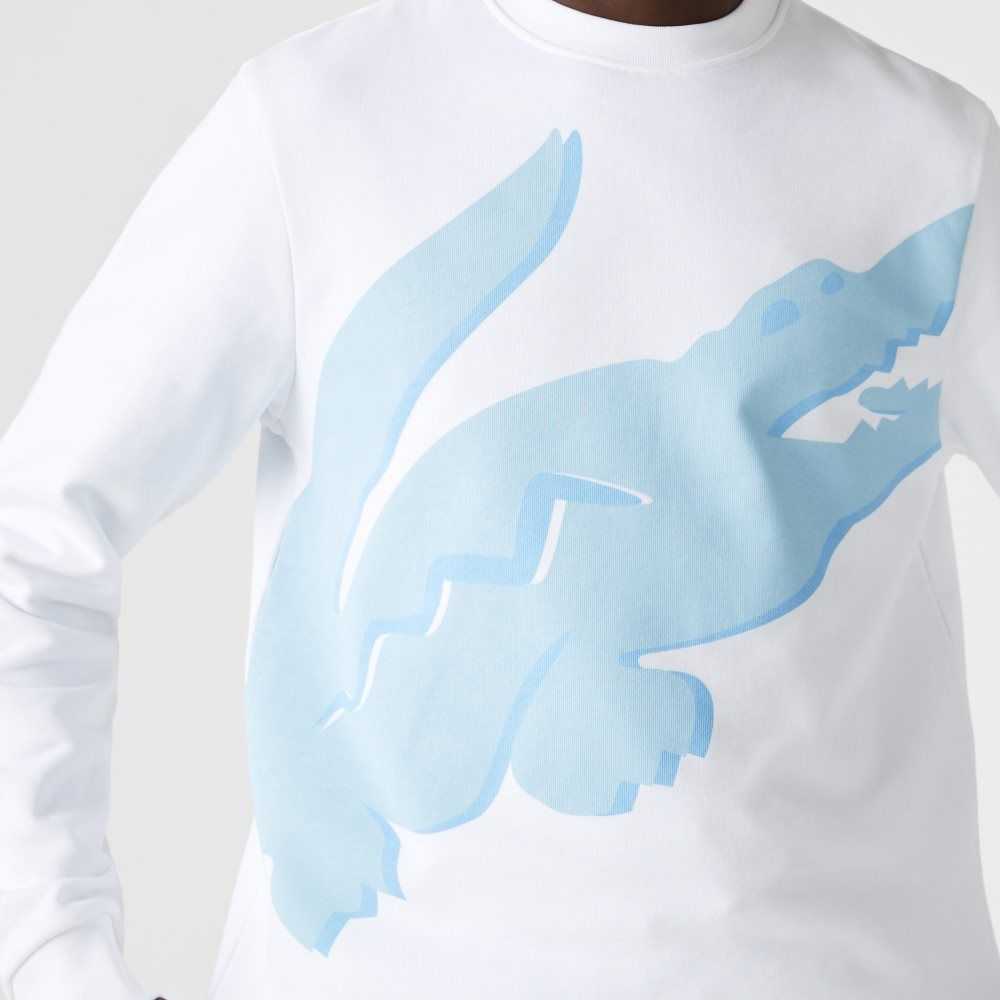 Lacoste Crew Neck Print Organic Cotton Fleece Sweatshirt White | DLXO-28541