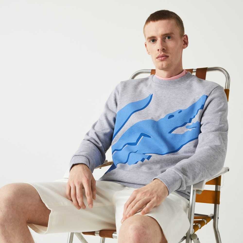 Lacoste Crew Neck Print Organic Cotton Fleece Sweatshirt Grey Chine | UGYN-71035