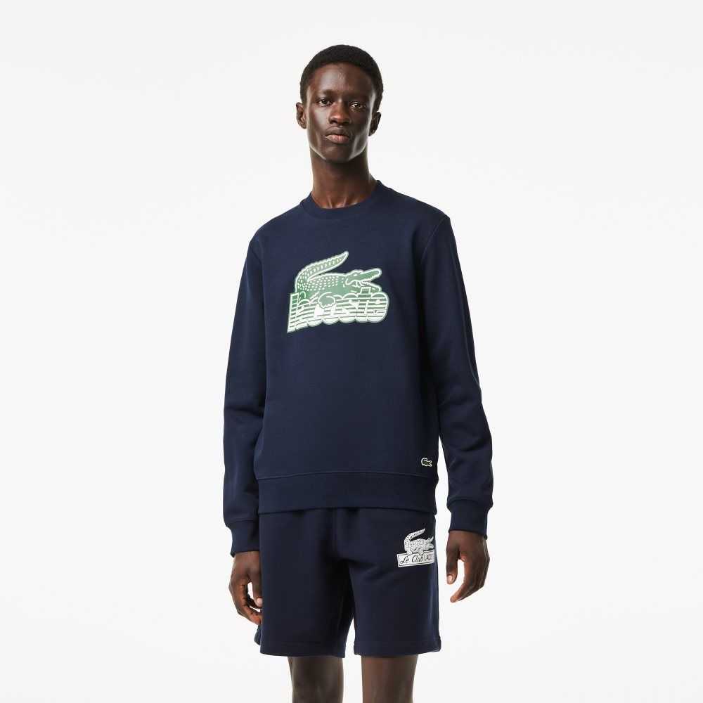 Lacoste Crew Neck Unbrushed Fleece Sweatshirt Navy Blue | NHLP-93521