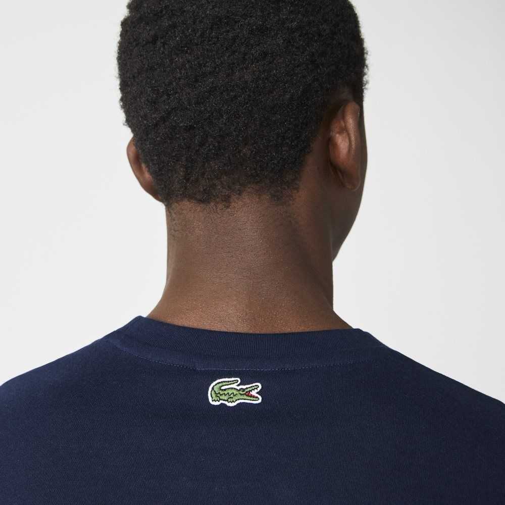 Lacoste Crocodile Branding Crew Neck Cotton T-Shirt Navy Blue | XQUZ-85437