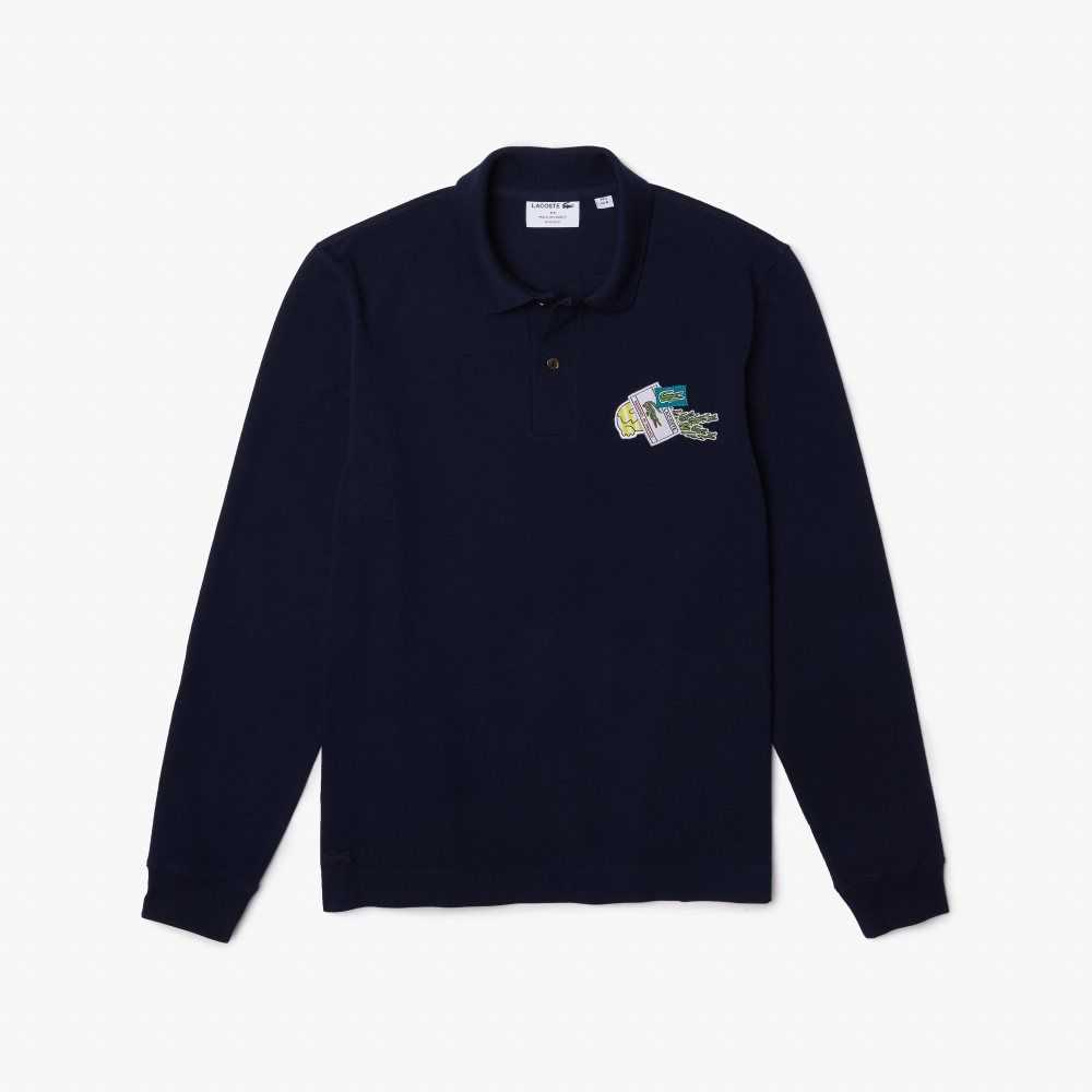 Lacoste Crocodile Comic Badge Polo Navy Blue | AJUN-06574