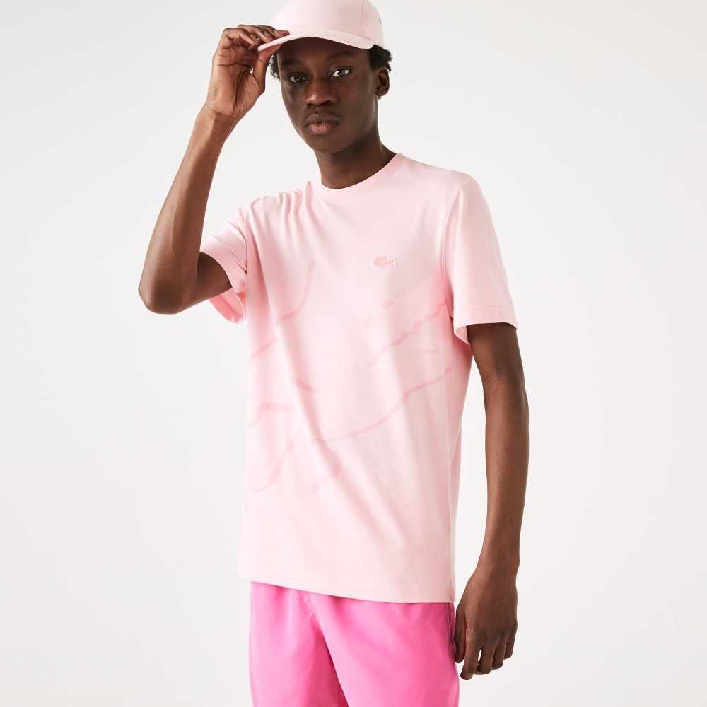Lacoste Crocodile Print Crew Neck Stretch Organic Cotton T-Shirt Pink | HWIE-60742