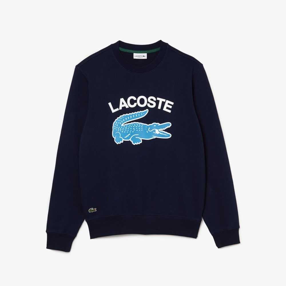 Lacoste Crocodile Print Crew Neck Sweatshirt Navy Blue | IHBF-43062