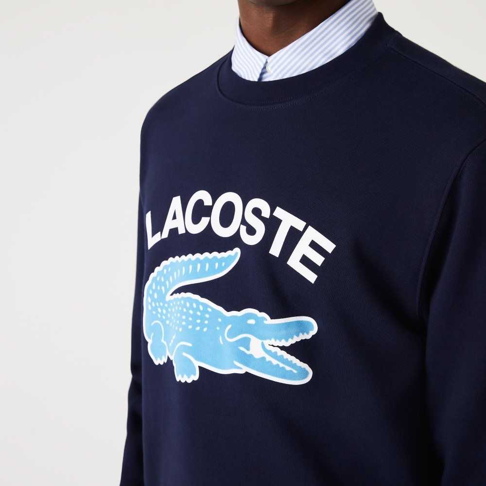 Lacoste Crocodile Print Crew Neck Sweatshirt Navy Blue | IHBF-43062