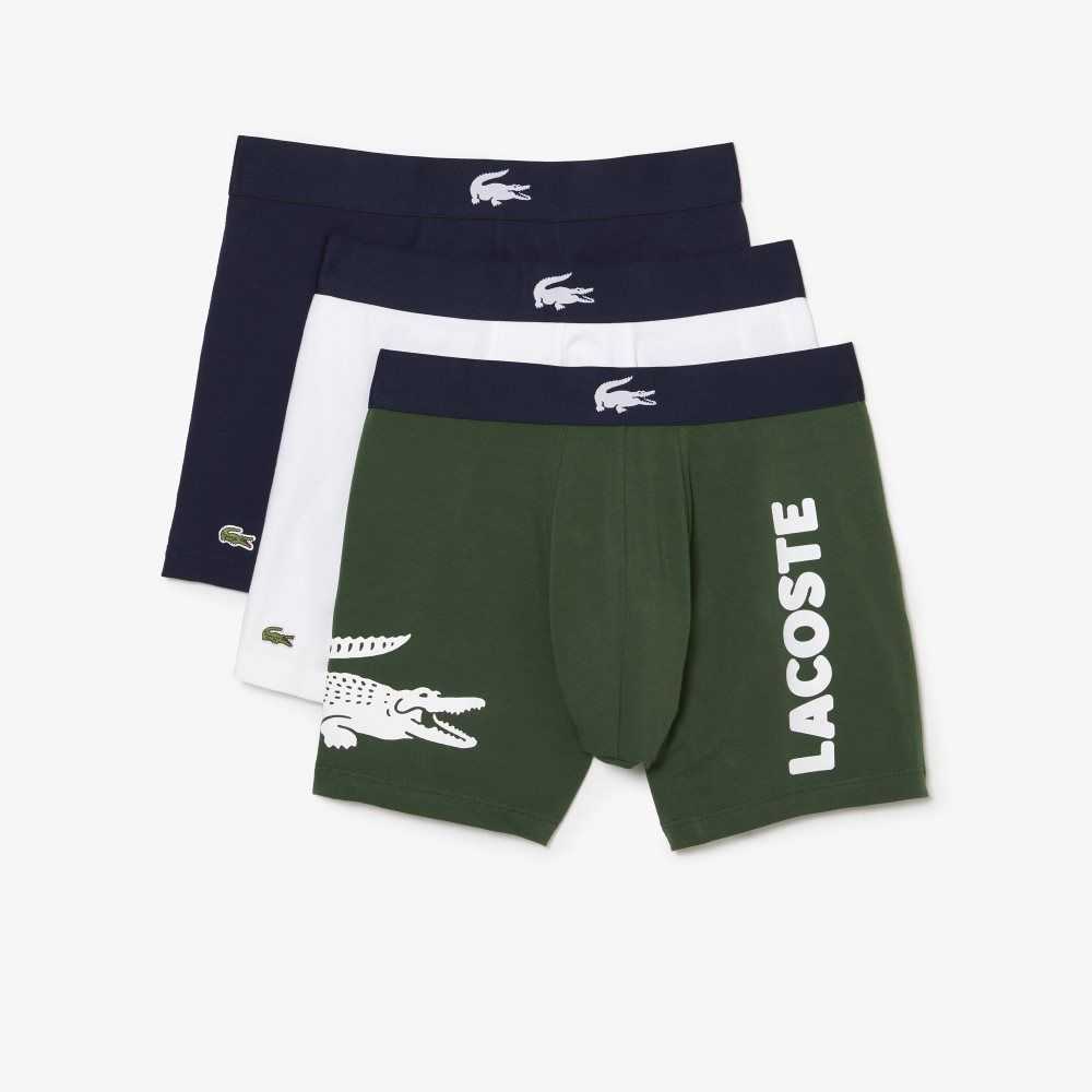 Lacoste Crocodile Waist Long Stretch Cotton Boxer Brief 3-Pack Green / Navy Blue / White | KZHN-40528
