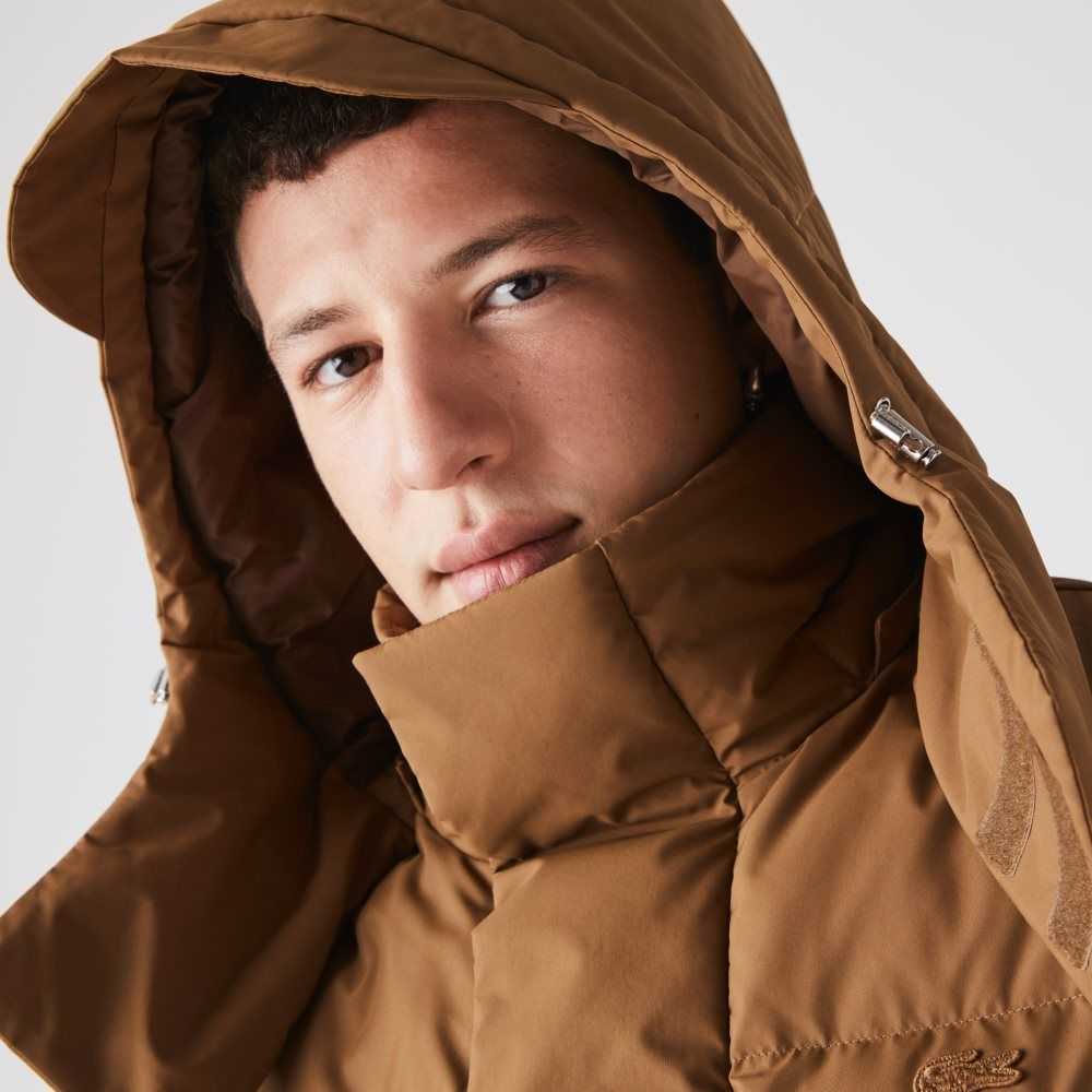 Lacoste Detachable Hood Long Puffer Coat Brown | GDUJ-24375