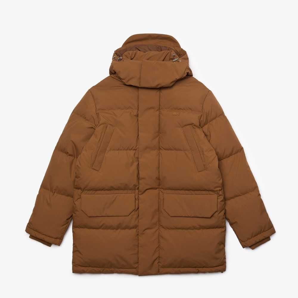 Lacoste Detachable Hood Long Puffer Coat Brown | GDUJ-24375