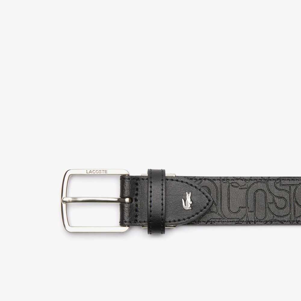 Lacoste Embossed Leather Tongue Buckle Allover Embossed Noir | SABK-42359
