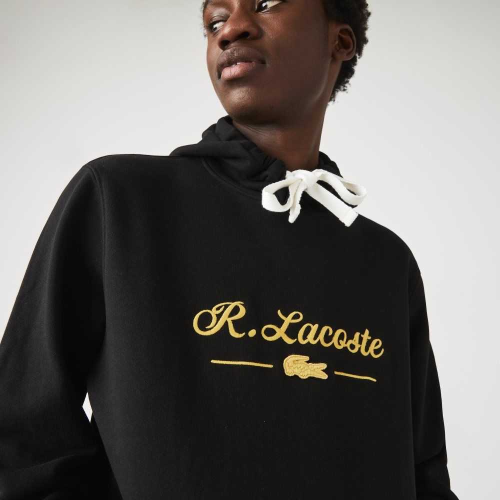 Lacoste Embroidered Lettering Hooded Cotton Fleece Sweatshirt Black | YZNO-92675