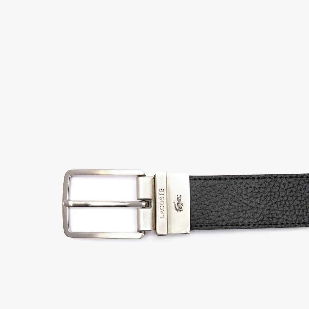 Lacoste Engraved Buckle Grained Leather Belt Black | GMQF-58239