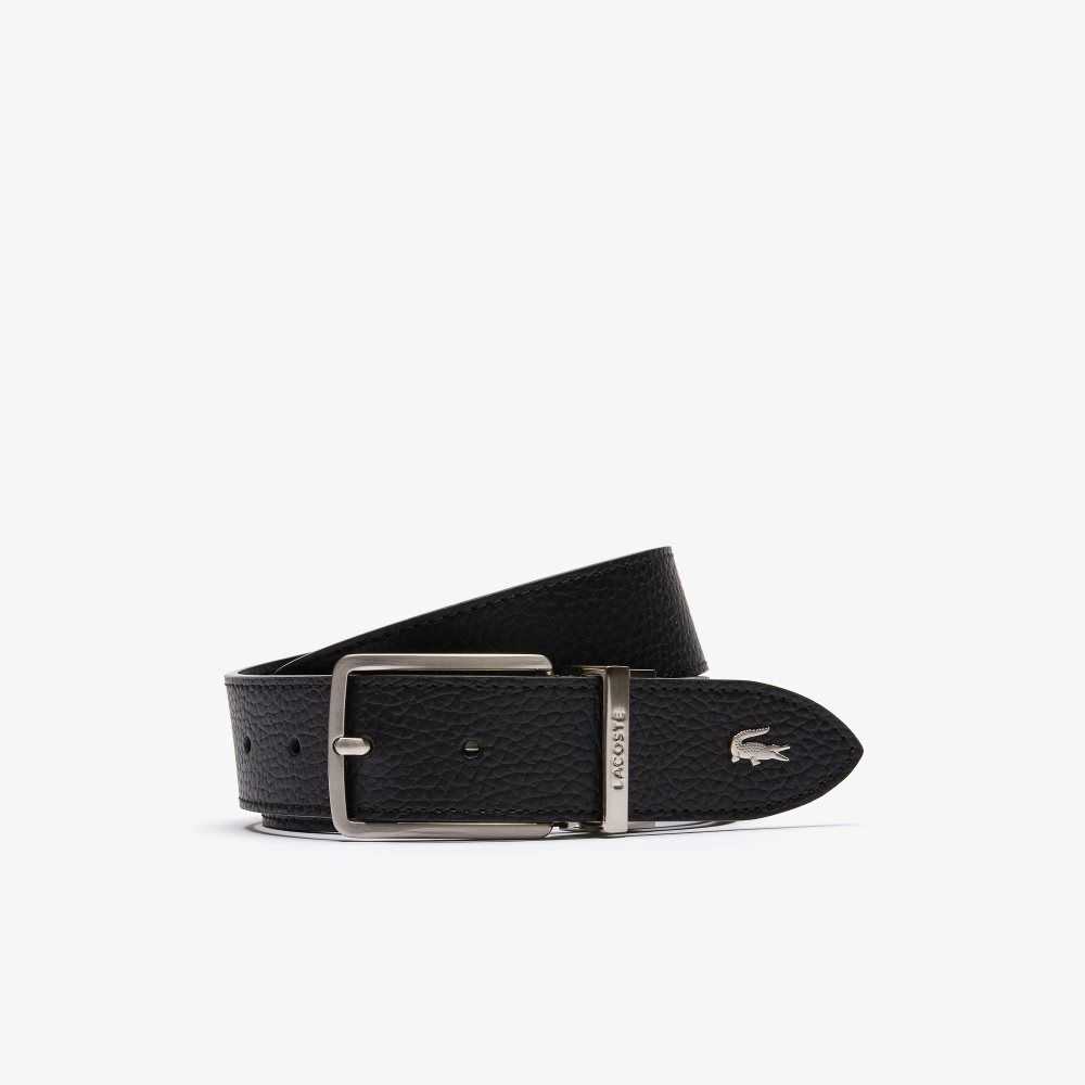 Lacoste Engraved Buckle Grained Leather Belt Black | KEWI-68754