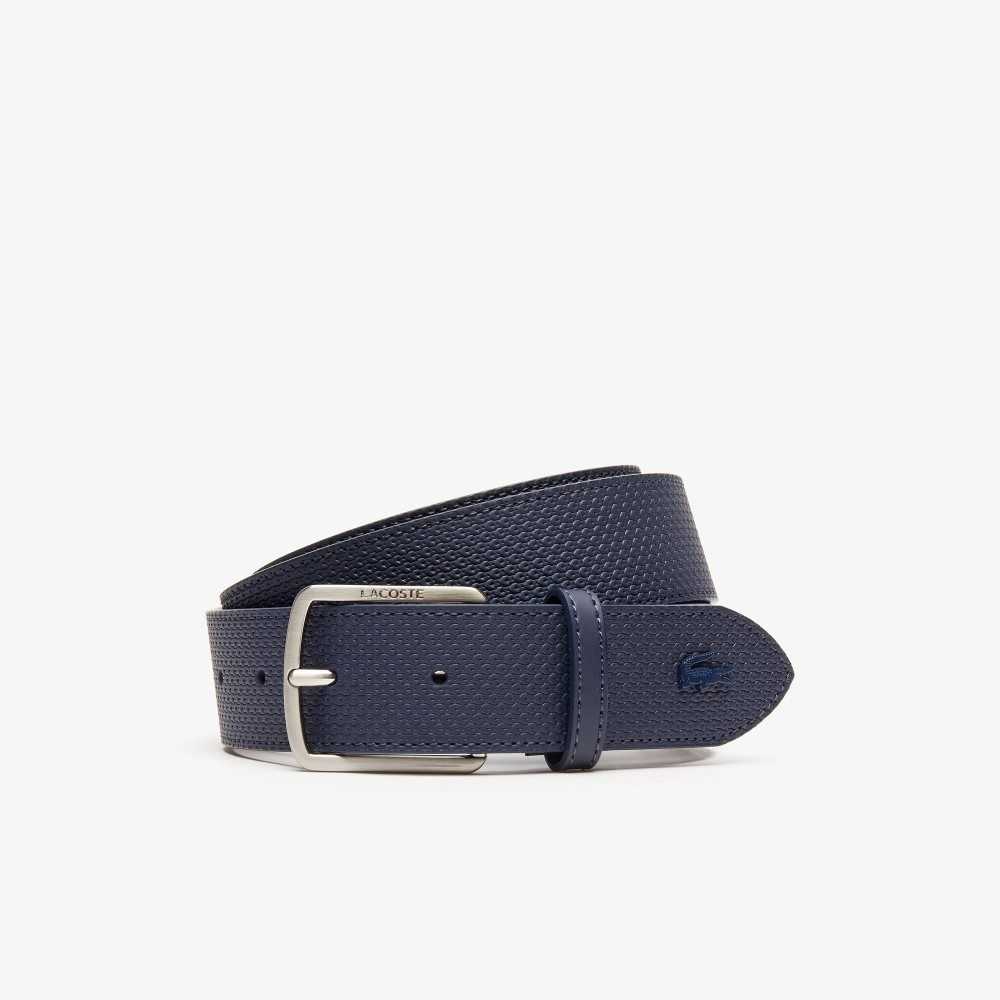 Lacoste Engraved Buckle Texturised Leather Belt Peacoat | CHXN-56298