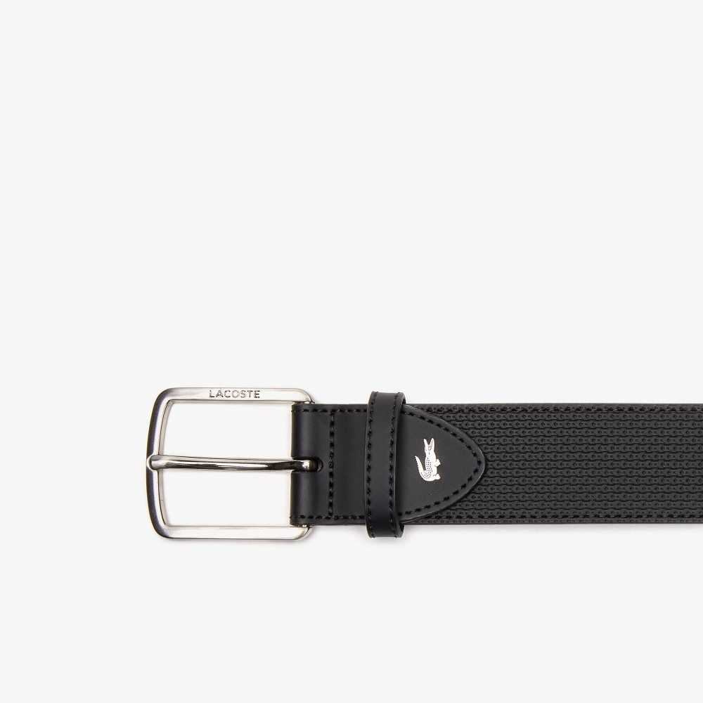Lacoste Engraved Buckle Texturised Leather Belt Black | CUME-01643
