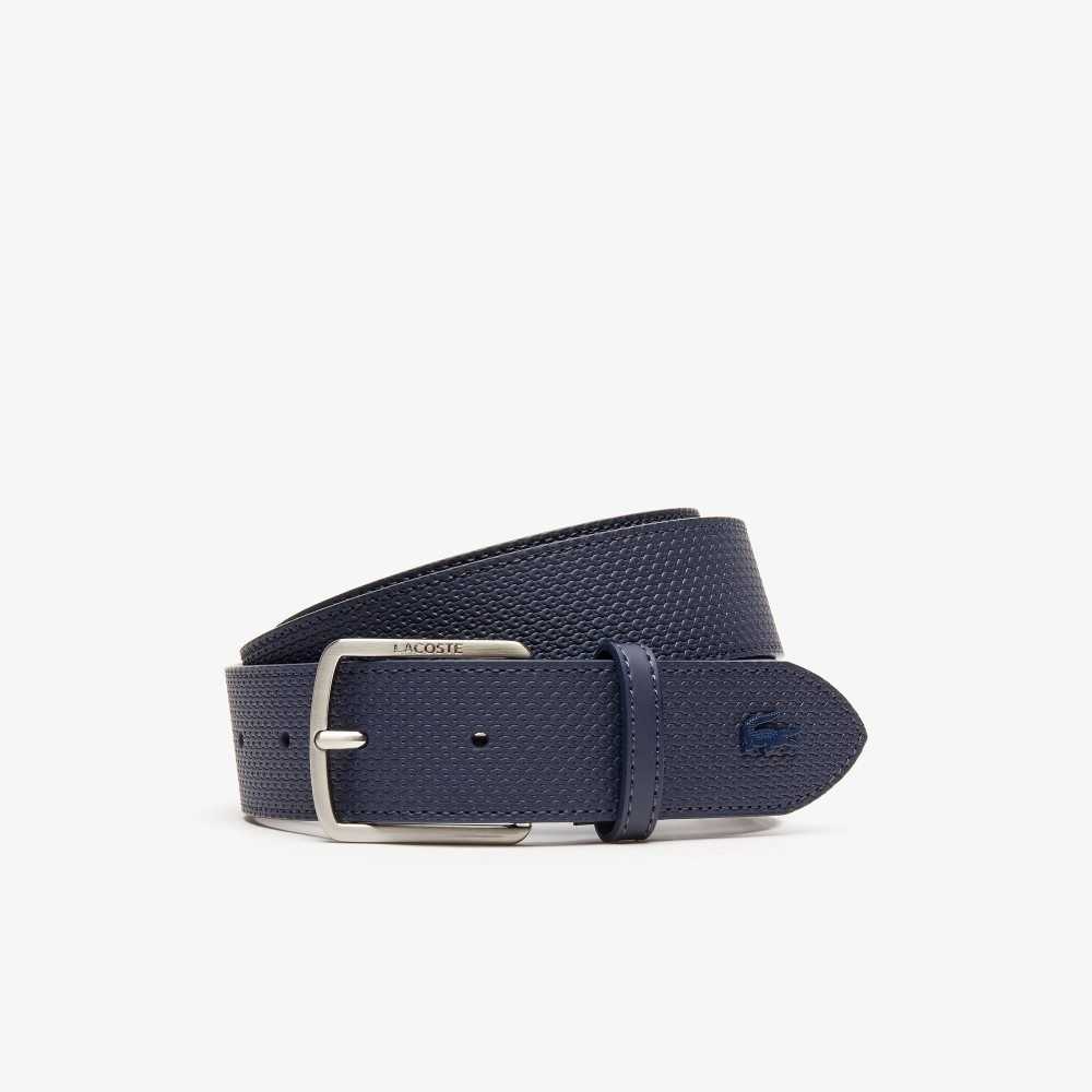 Lacoste Engraved Buckle Texturised Leather Belt Peacoat | HABT-27149