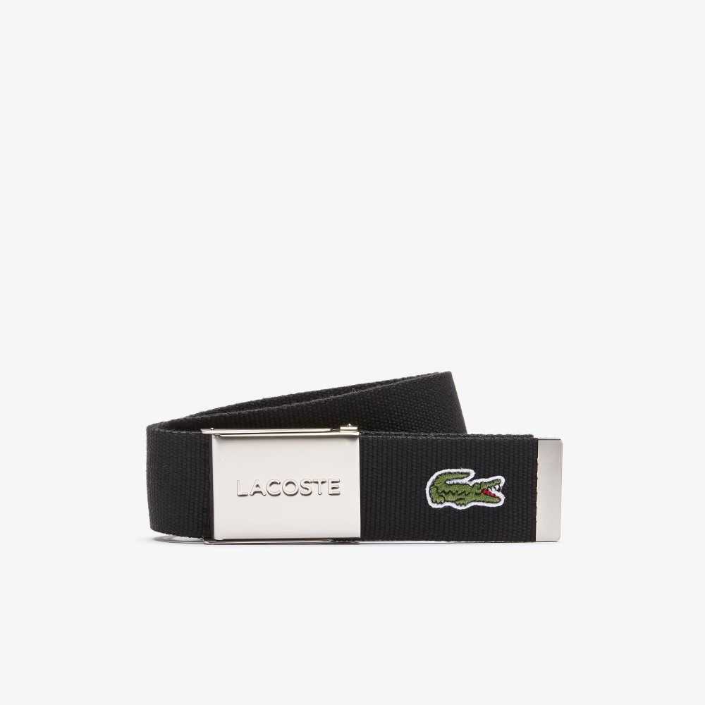 Lacoste Engraved Buckle Woven Fabric Belt Black | FJLZ-35942
