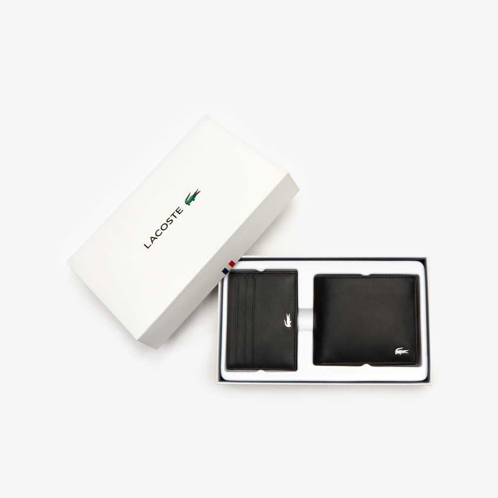 Lacoste Fitzgerald Leather Wallet And Card Holder Set Black | FRWQ-40239
