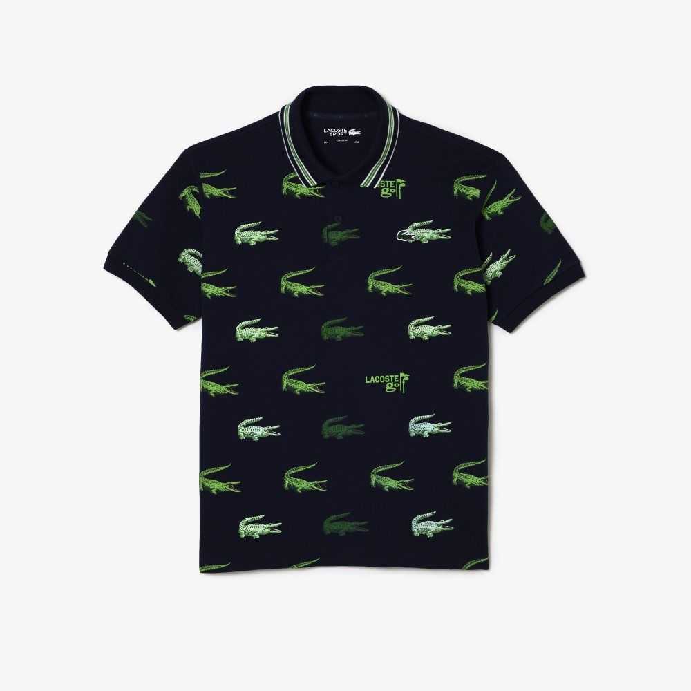 Lacoste Golf Crocodile Print Polo Navy Blue / White / Green | QZOV-56280