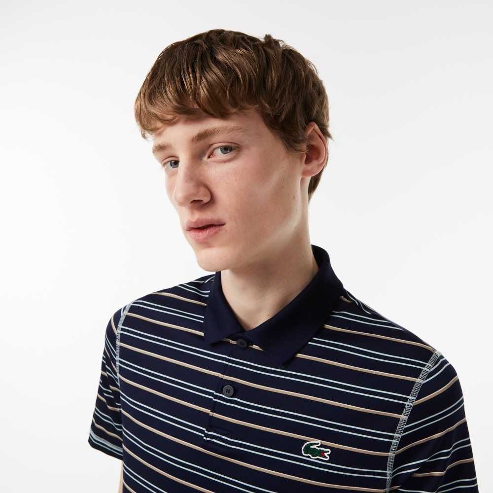 Lacoste Golf Recycled Polyester Stripe Polo Navy Blue / Light Green / White / Beige | ZQRN-45876