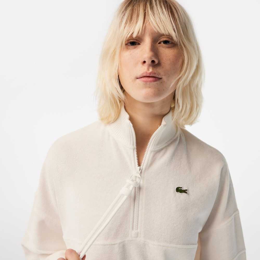 Lacoste High-Neck Terry Cloth Half Zip Sweatshirt White | YERW-92748