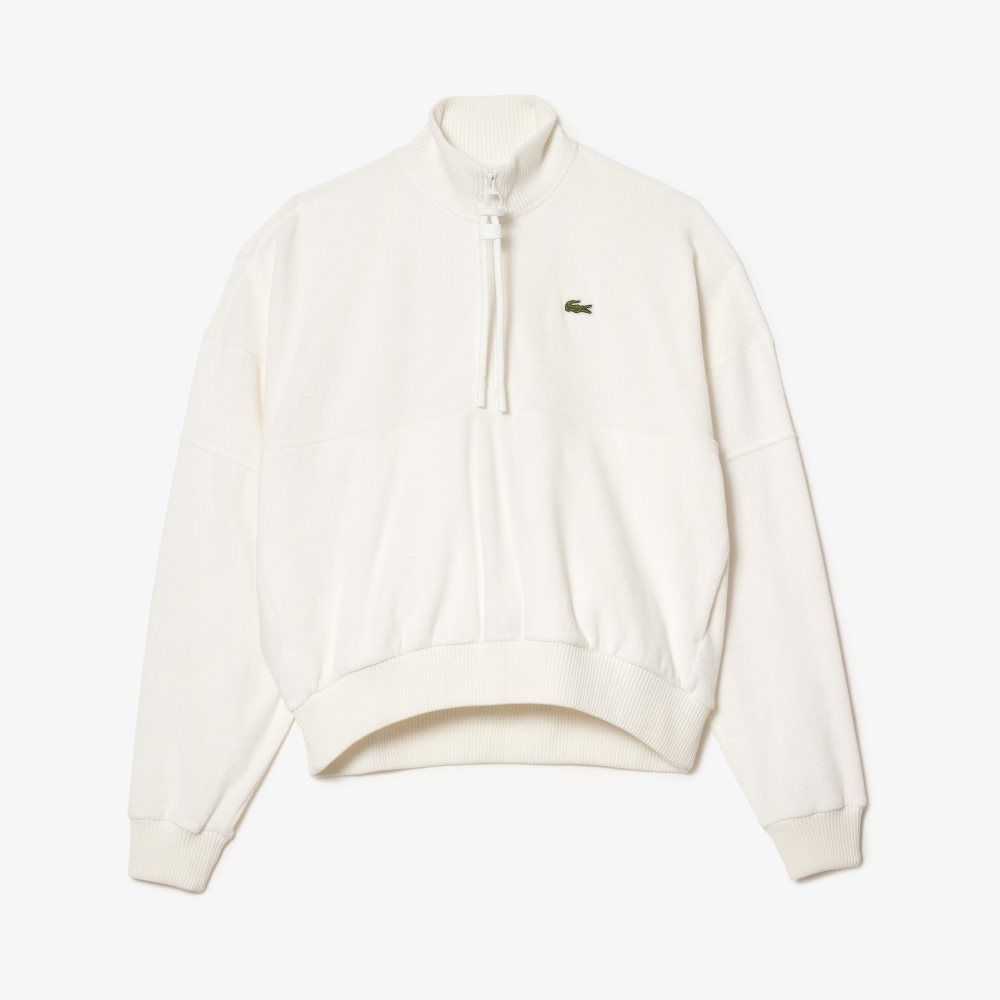 Lacoste High-Neck Terry Cloth Half Zip Sweatshirt White | YERW-92748