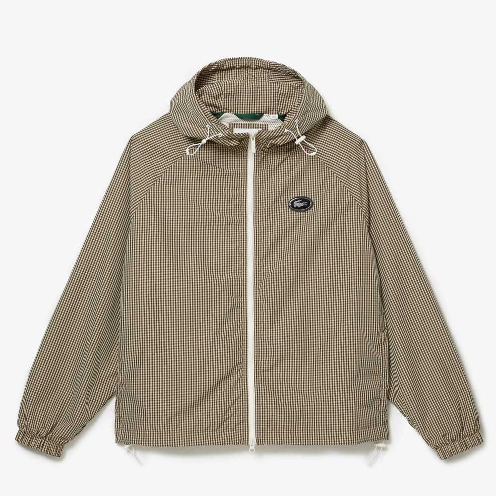 Lacoste Hooded Check Twill Jacket Beige / Navy Blue / White / Khaki Green | GXFA-62305