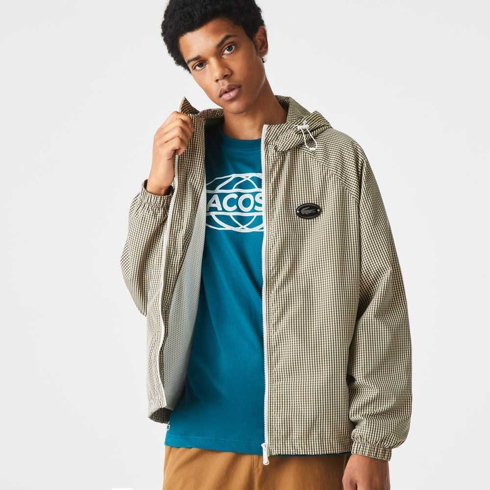 Lacoste Hooded Check Twill Jacket Beige / Navy Blue / White / Khaki Green | GXFA-62305