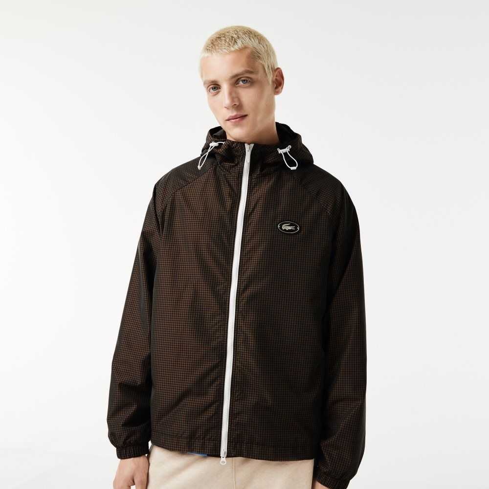 Lacoste Hooded Check Twill Jacket Black / Brown / Navy Blue / Khaki Green | OGTP-48129