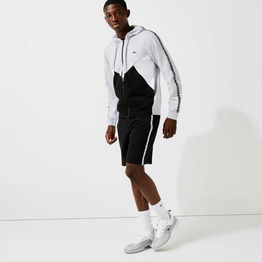 Lacoste Hooded Colorblock Lettered Fleece Zip Sweatshirt Grey Chine / Black / White | DWZX-20468