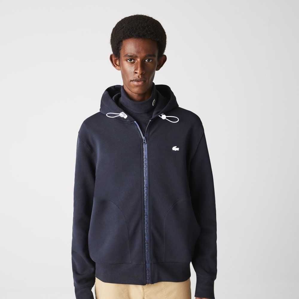 Lacoste Hooded Cotton Blend Lettered Zip Sweatshirt Navy Blue | MVON-07628