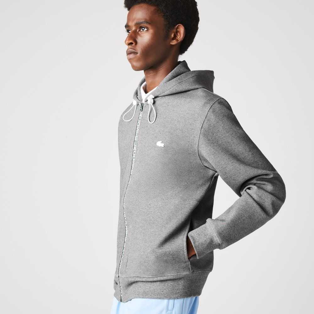 Lacoste Hooded Cotton Blend Lettered Zip Sweatshirt Grey Chine | ZYMV-25614