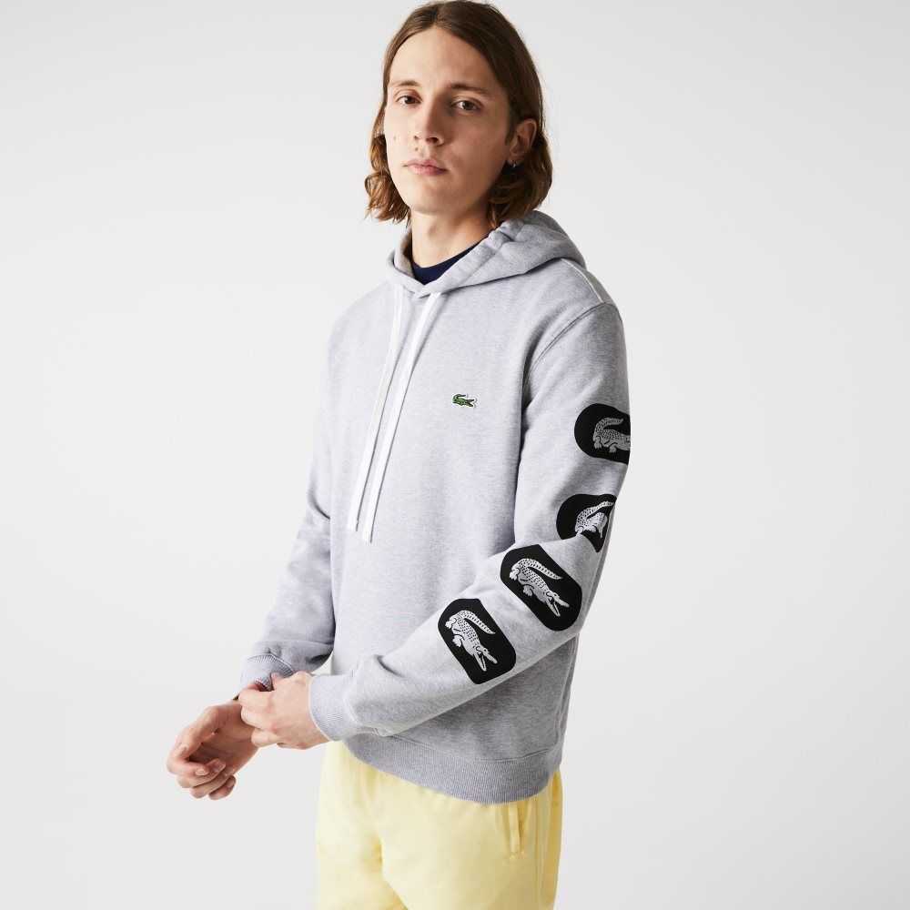 Lacoste Hooded Print Sleeve Fleece Sweatshirt Grey | JKFN-21948