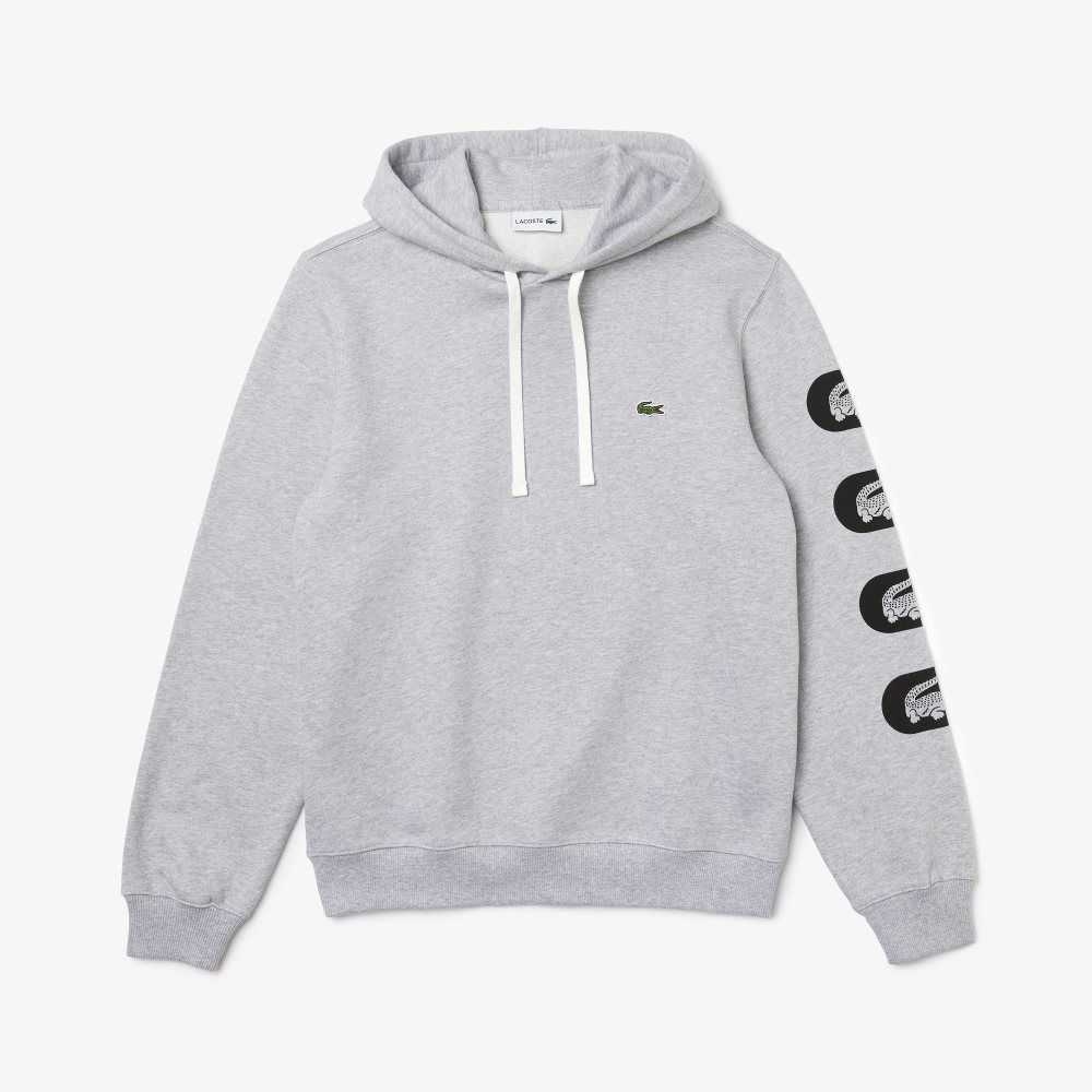 Lacoste Hooded Print Sleeve Fleece Sweatshirt Grey | JKFN-21948