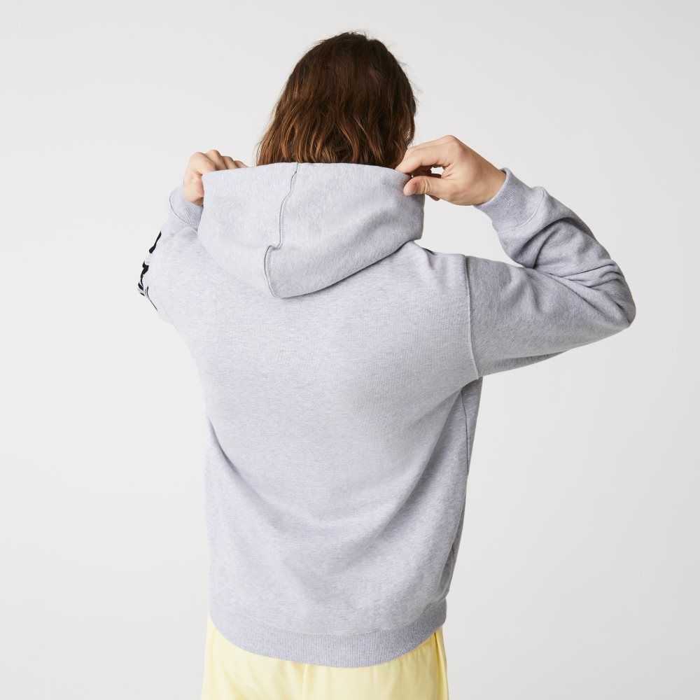Lacoste Hooded Print Sleeve Fleece Sweatshirt Grey | JKFN-21948