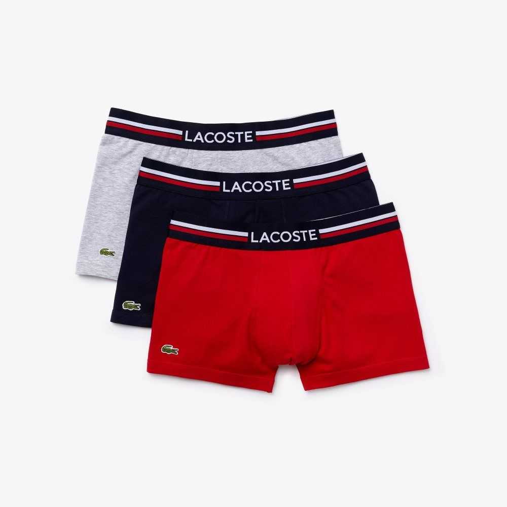 Lacoste Iconic Three-Tone Waistband Trunk 3-Pack Navy Blue / Grey Chine / Red | RNIO-32519