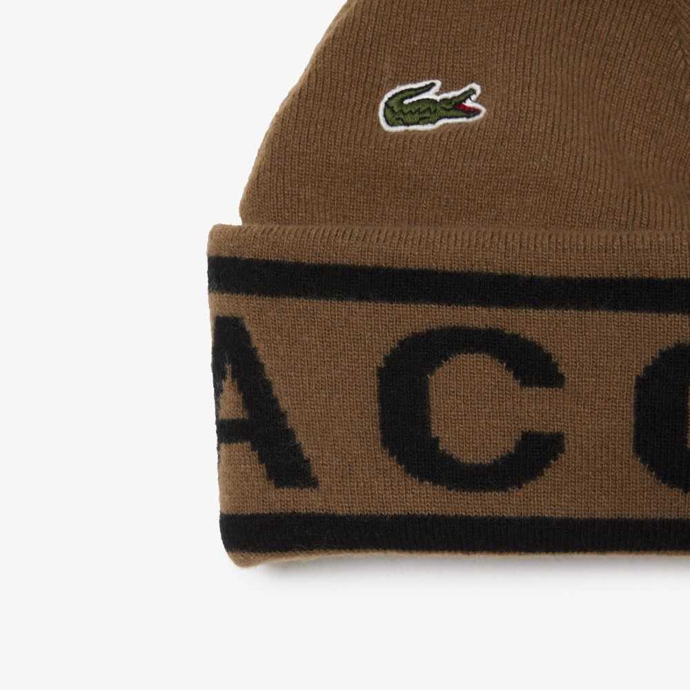 Lacoste Jacquard Knit Beanie And Scarf Gift Set Brown / Black | HMUV-36079