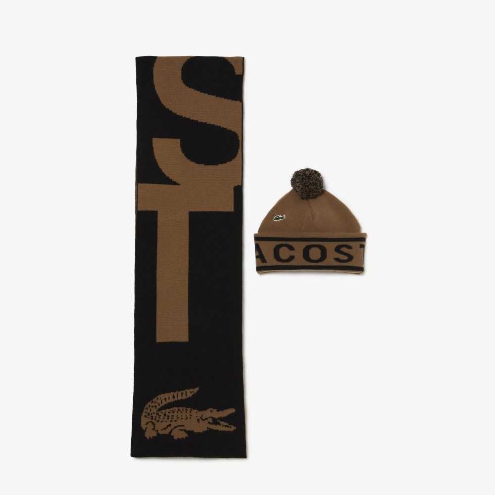 Lacoste Jacquard Knit Beanie And Scarf Gift Set Brown / Black | HMUV-36079