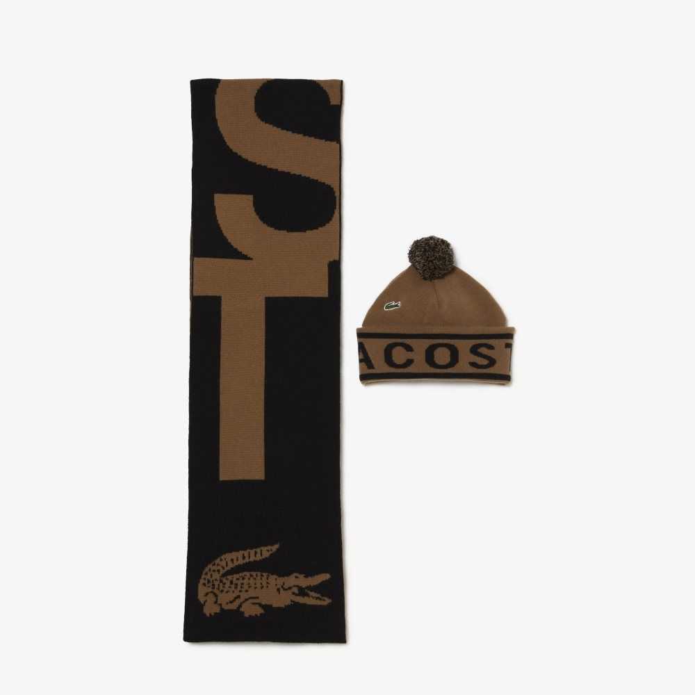 Lacoste Jacquard Knit Beanie And Scarf Gift Set Brown / Black | LKHZ-98305