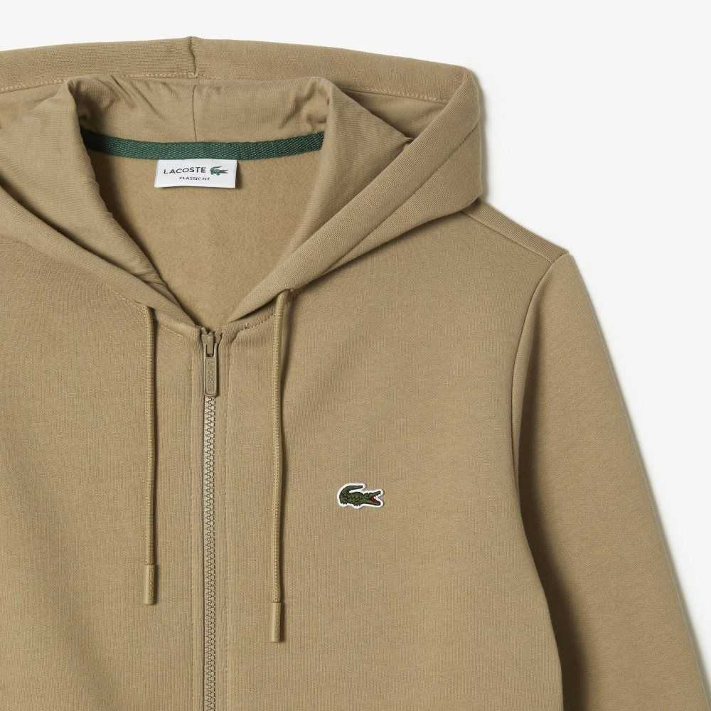 Lacoste Kangaroo Pocket Fleece Zipped Sweatshirt Beige | IFRM-85612