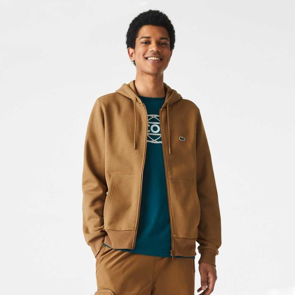 Lacoste Kangaroo Pocket Fleece Zipped Sweatshirt Brown | RNWK-37154