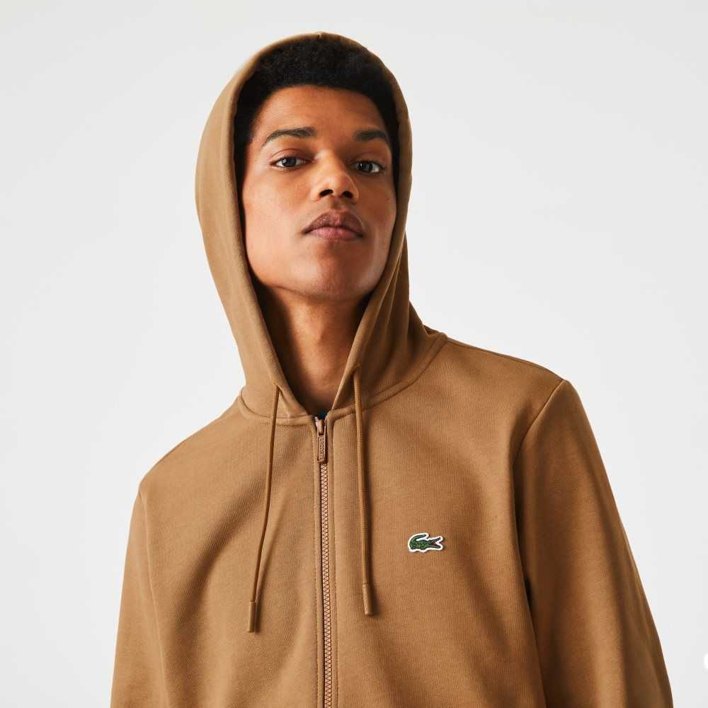 Lacoste Kangaroo Pocket Fleece Zipped Sweatshirt Brown | RNWK-37154