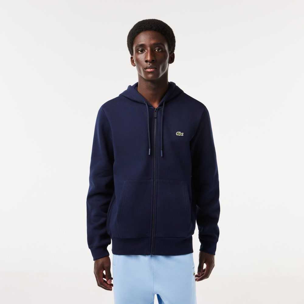 Lacoste Kangaroo Pocket Fleece Zipped Sweatshirt Navy Blue | WEBP-79346