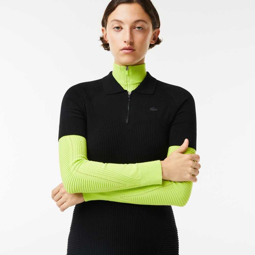 Lacoste Knit Details Front Zip Dress Black | QKOT-82590